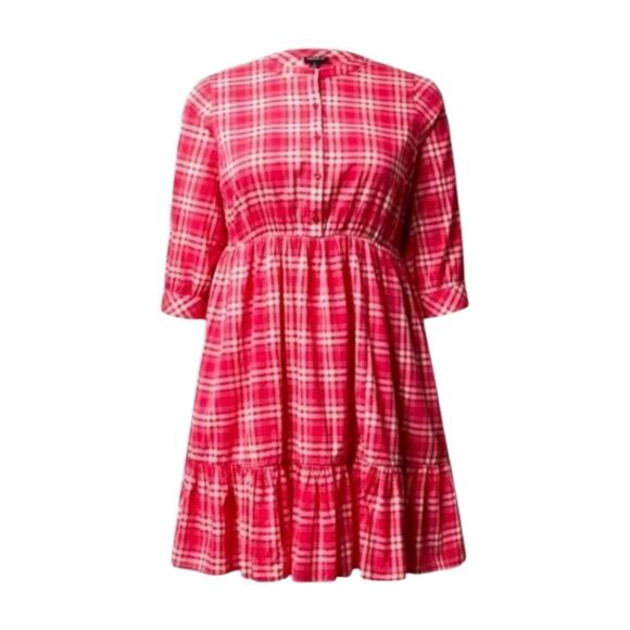 TORRID Plus Size Pink, White Plaid Mini Voile Mandarin Collar Dress. - Picture 1 of 15